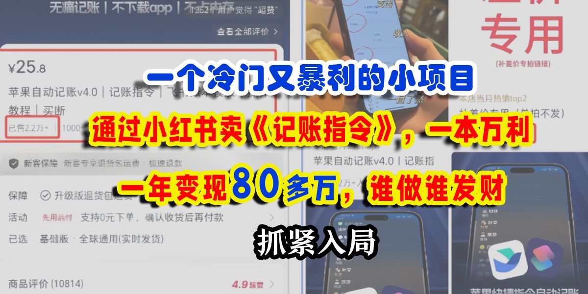 一个冷门又暴利的小项目，通过小红书卖《记账指令》，一本万利，一年变现80多万，谁做谁发财