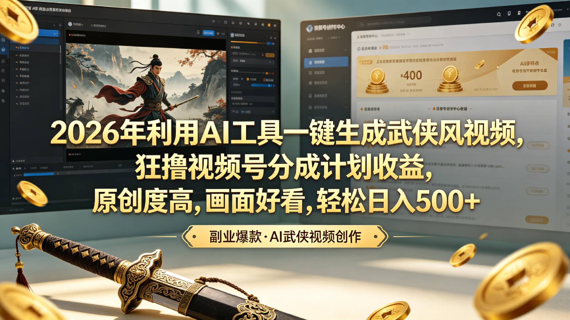 2026年利用AI工具一键生成武侠风视频,狂撸视频号分成计划收益,原创度高,画面好看,轻松日入500+