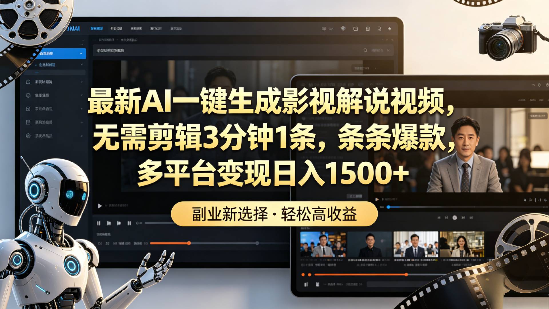 最新AI一键生成影视解说视频,无需剪辑3分钟1条,条条爆款,多平台变现日入1500+