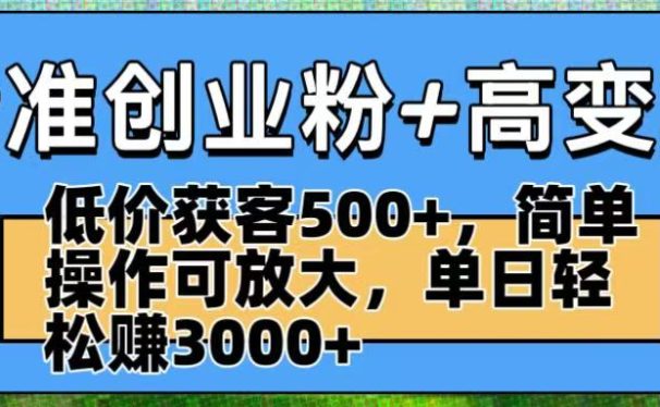 精准创业粉+高变现：低价获客500+，简单操作可放大，单日轻松赚3000+