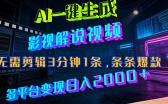 最新AI一键生成影视解说视频，无需剪辑3分钟1条，条条爆款，多平台变现日入2000+