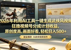 2026年利用AI工具一键生成武侠风视频,狂撸视频号分成计划收益,原创度高,画面好看,轻松日入500+