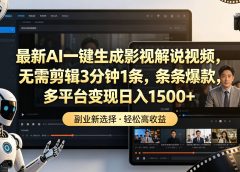 最新AI一键生成影视解说视频,无需剪辑3分钟1条,条条爆款,多平台变现日入1500+