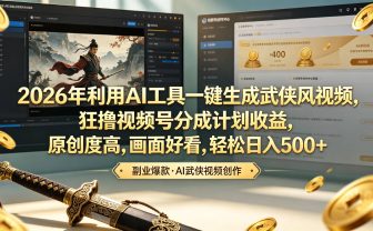 2026年利用AI工具一键生成武侠风视频,狂撸视频号分成计划收益,原创度高,画面好看,轻松日入500+