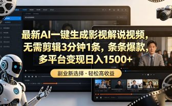 最新AI一键生成影视解说视频,无需剪辑3分钟1条,条条爆款,多平台变现日入1500+