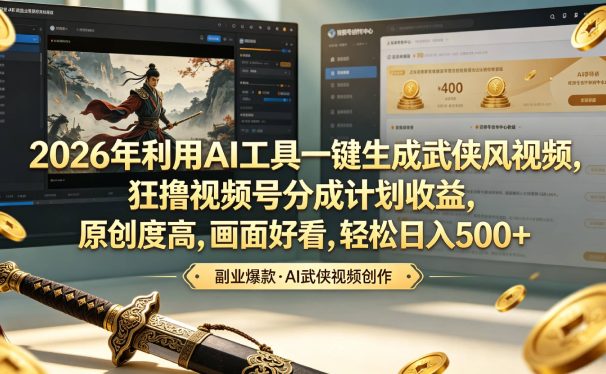 2026年利用AI工具一键生成武侠风视频,狂撸视频号分成计划收益,原创度高,画面好看,轻松日入500+