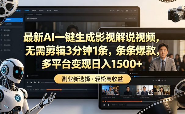 最新AI一键生成影视解说视频,无需剪辑3分钟1条,条条爆款,多平台变现日入1500+