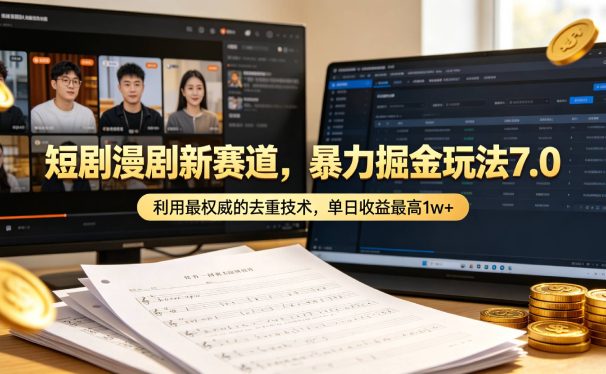 短剧漫剧新赛道,暴力掘金玩法7.0,利用最权威的去重技术,单日可收益最高1w+