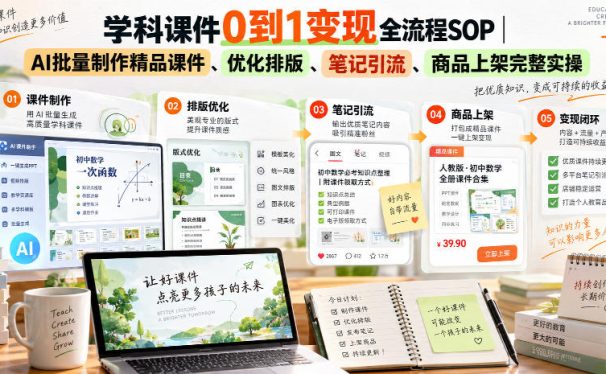 学科课件0到1变现全流程SOP|AI批量制作精品课件、优化排版、笔记引流、商品上架完整实操